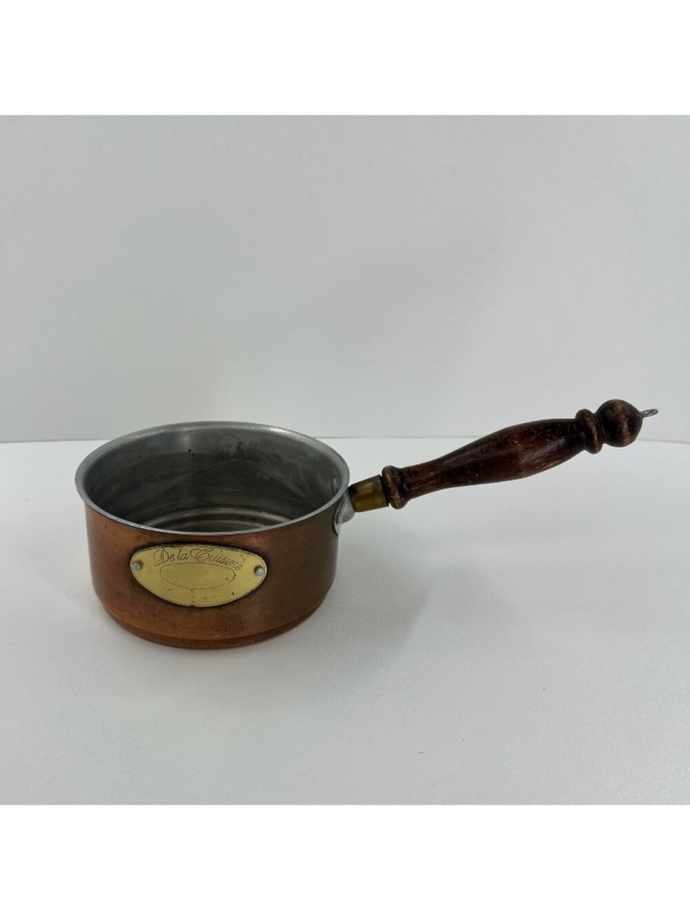 De la Cuisine Copper Sauce Pan Pot 6" 1 Qt Wooden Handle Tin Lined Round Vintage